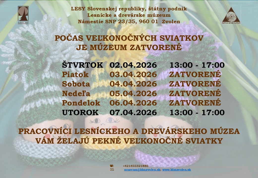ldm 2026 zatvorene | WebJET CMS grafika znázorňujúca zmenu otváracej doby v Lesníckom a drevárskom múzeu počas veľkonočných sviatkov